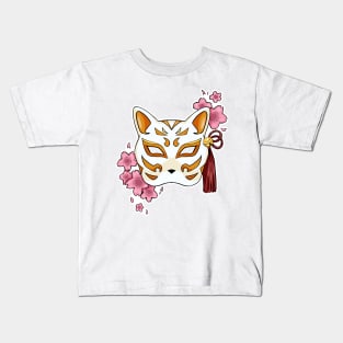 Cherry Blossom Fox Orange Mask - A Playful and Elegant Design Kids T-Shirt